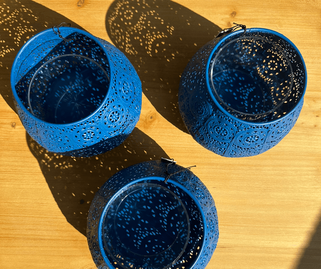 Photophore métal et verre bleu 