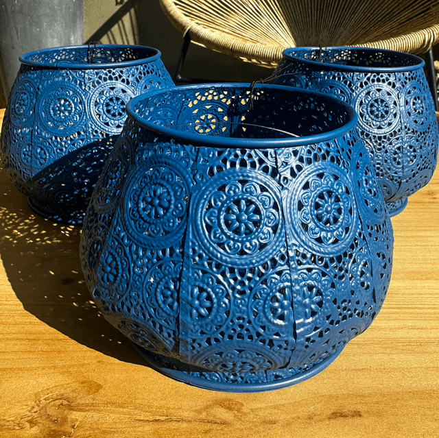 Photophore métal et verre bleu 